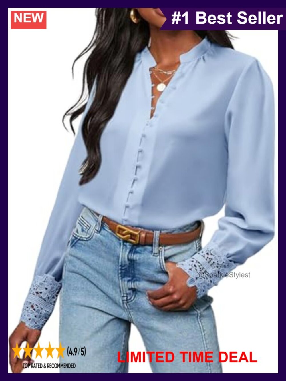 Neweek Women's Lace Cuff Blouse Long Sleeve Button Down Chiffon Business Shirt